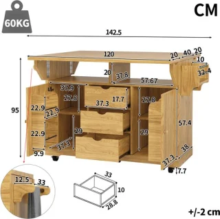 Keukeneiland met uitklapbare zijtafels en 3 lades, verrijdbaar, MDF bruin - 142,5 x 80 x 95 cm