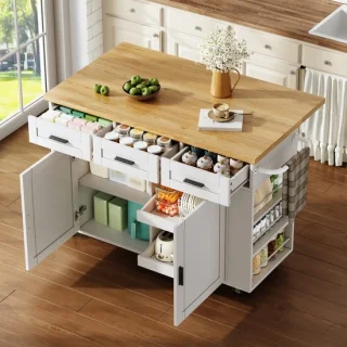 Mobiele keukeninsel met klapbaar werkblad, naturel wit, 120x70x84 cm