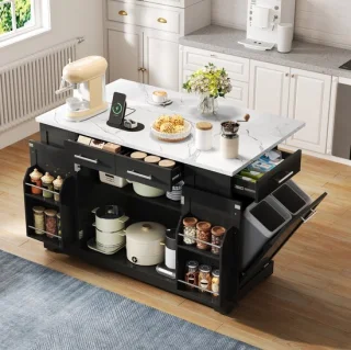 OKWISH buitenkeuken keukeneiland met klapblad en stopcontact, verrijdbaar, zwart, 138x86x92 cm