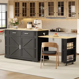 OKWISH keukeneiland MDF zwart met eikenkleur 205x50x93 cm