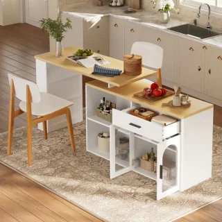 Okwish keukeneiland met draaibare tafelplaat, MDF wit