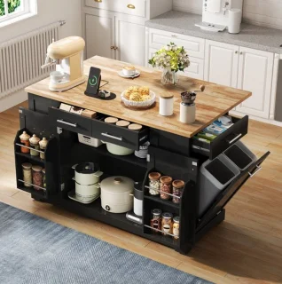 OKWISH keukeneiland met opklapbaar werkblad, stopcontact en afvalruimte - 138 x 86 x 92 cm - zwart/natuurlijk