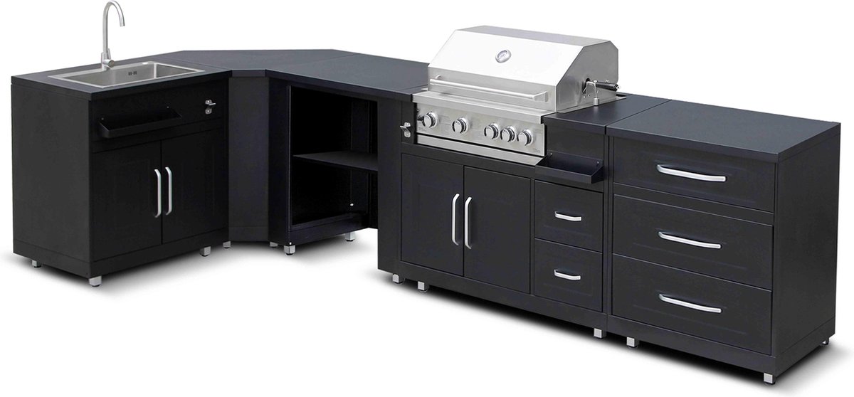 De Oviala Memphis buitenkeuken hoekopstelling 5 elementen met gootsteen in één oogopslag