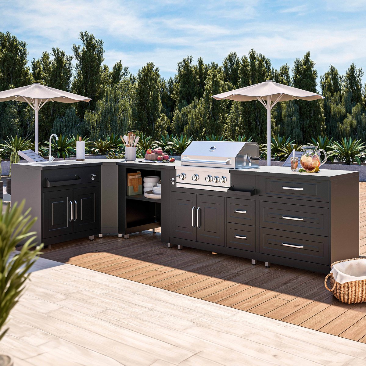 Wat vinden we goed aan de Oviala Memphis buitenkeuken hoekopstelling 5 elementen met gootsteen