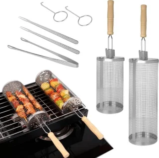 Roestvrijstalen grilltray met afneembare houten handgreep
