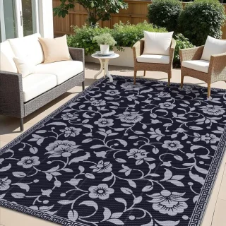 Smiry buitenmat waterdicht 120 x 180 cm zwart grijs bloemmotief