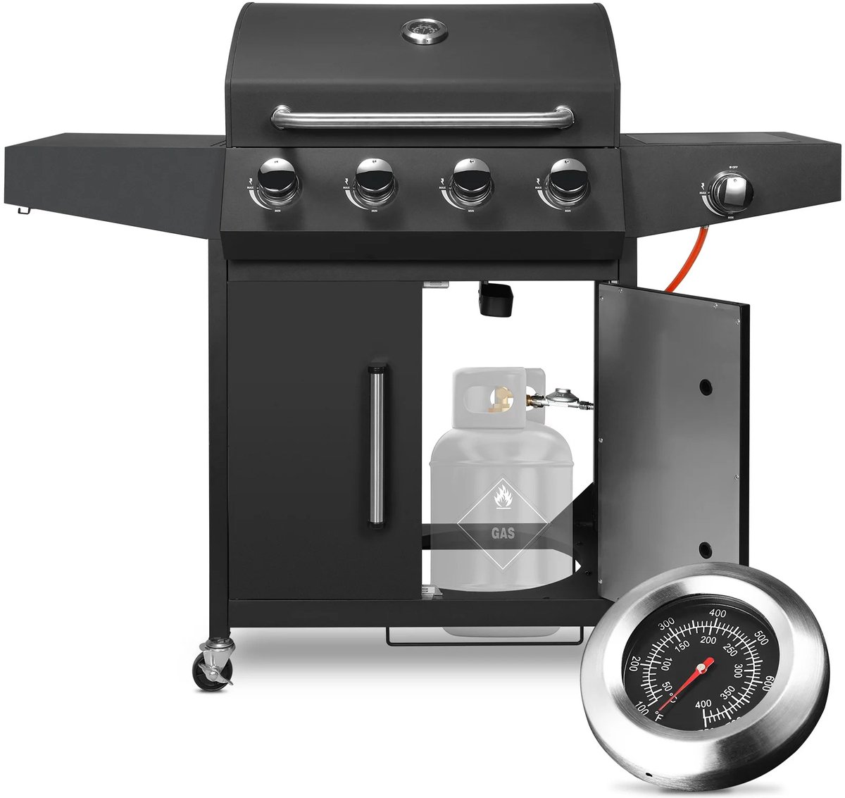 De Stemily Gas BBQ 4 Branders met Zijbrander 44x135x136cm in één oogopslag