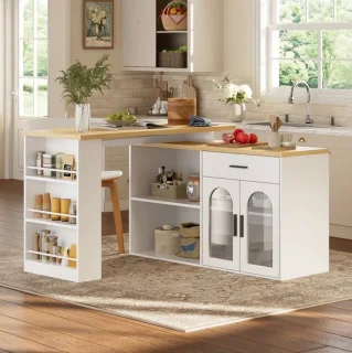 Stilvora keukeneiland met 360 graden draaibaar tafelblad, opbergruimte, lade en planken, wit mdf 136x50x78 cm