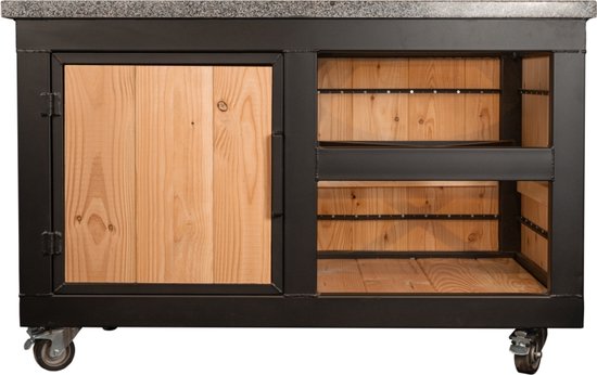 Robuuste buitenkeuken met donkere granietlook en mobiele functionaliteit