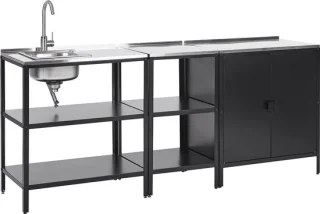 VILAMA tuinkookeiland met spoelbak - zwart - 3-delig - RVS