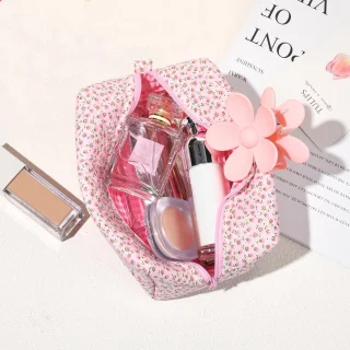 Gewatteerde make-uptas met bloemenpatroon - Grote capaciteit, zacht katoen voor make-up en beauty-benodigdheden