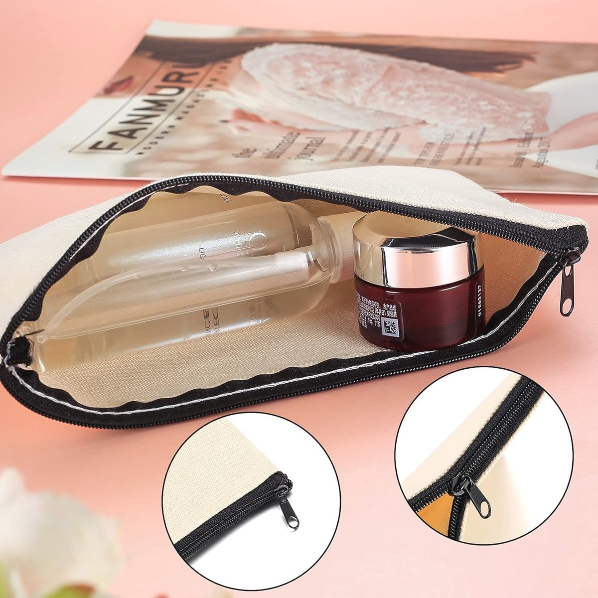 12x Canvas Tasjes 21x12 cm Reis Make-up Toilettas met Ritssluiting