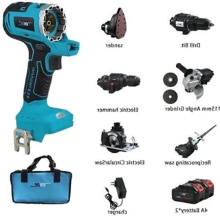 5-in-1 accu gereedschapsset met boormachine, decoupeerzaag, reciprozaag, haakse slijper en schuurmachine