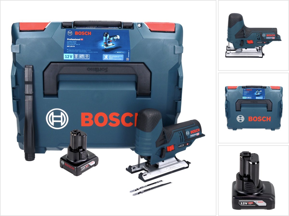 De Bosch GST 12V-70 accu decoupeerzaag 12 V + accu 6.0 Ah + L-Boxx in één oogopslag