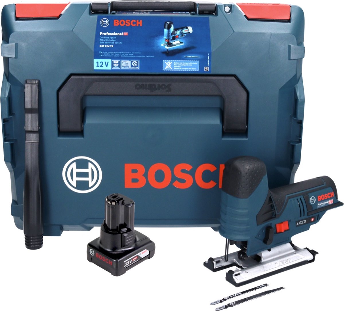 Wat vinden we goed aan de Bosch GST 12V-70 accu decoupeerzaag 12 V + accu 6.0 Ah + L-Boxx