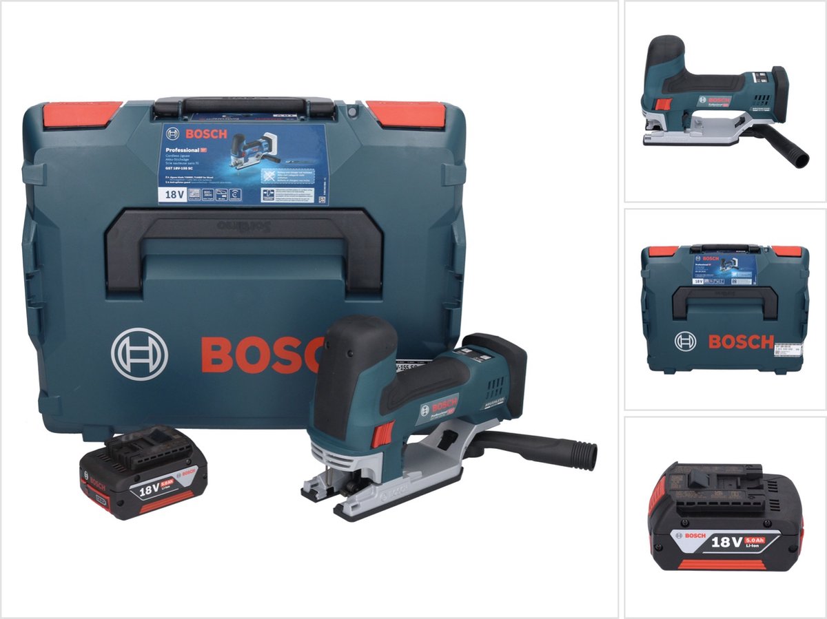 De Bosch GST 18V-155 SC Accudecoupeerzaag 18 V + Accu 5.0 Ah + L-Boxx in één oogopslag