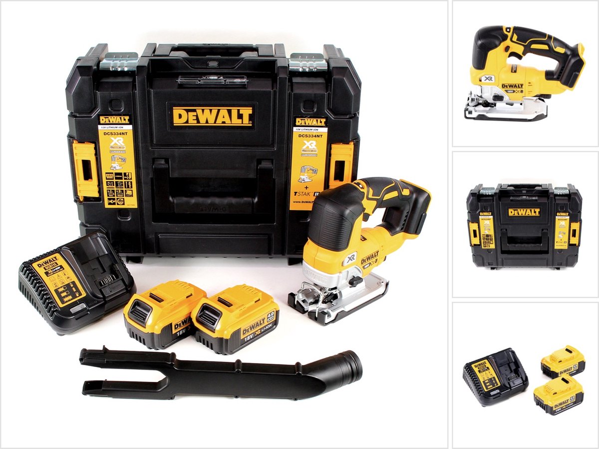 De DeWalt DCS334 M2 accu-pendeldecoupeerzaag 18V + 2 accu's 4.0Ah + lader TSTAK in één oogopslag