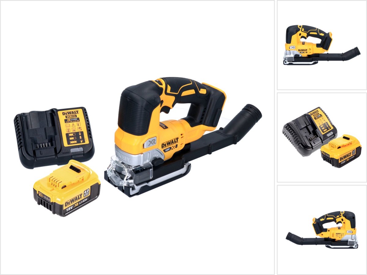 De DeWalt DCS334M1 accu-pendeldecoupeerzaag 18V borstelloos inclusief accu en lader in één oogopslag