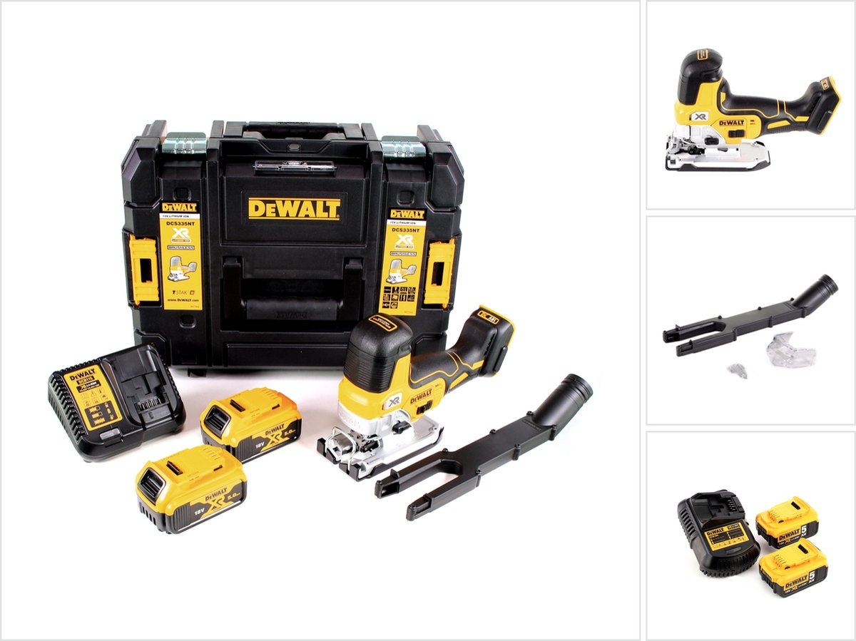 De DeWalt DCS335 P2 accudecoupeerzaag 18V 2x5.0Ah snellader TSTAK in één oogopslag