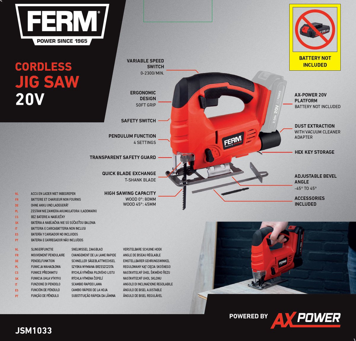 FERM AX-POWER JSM1033 20V accu decoupeerzaag zonder accu en lader