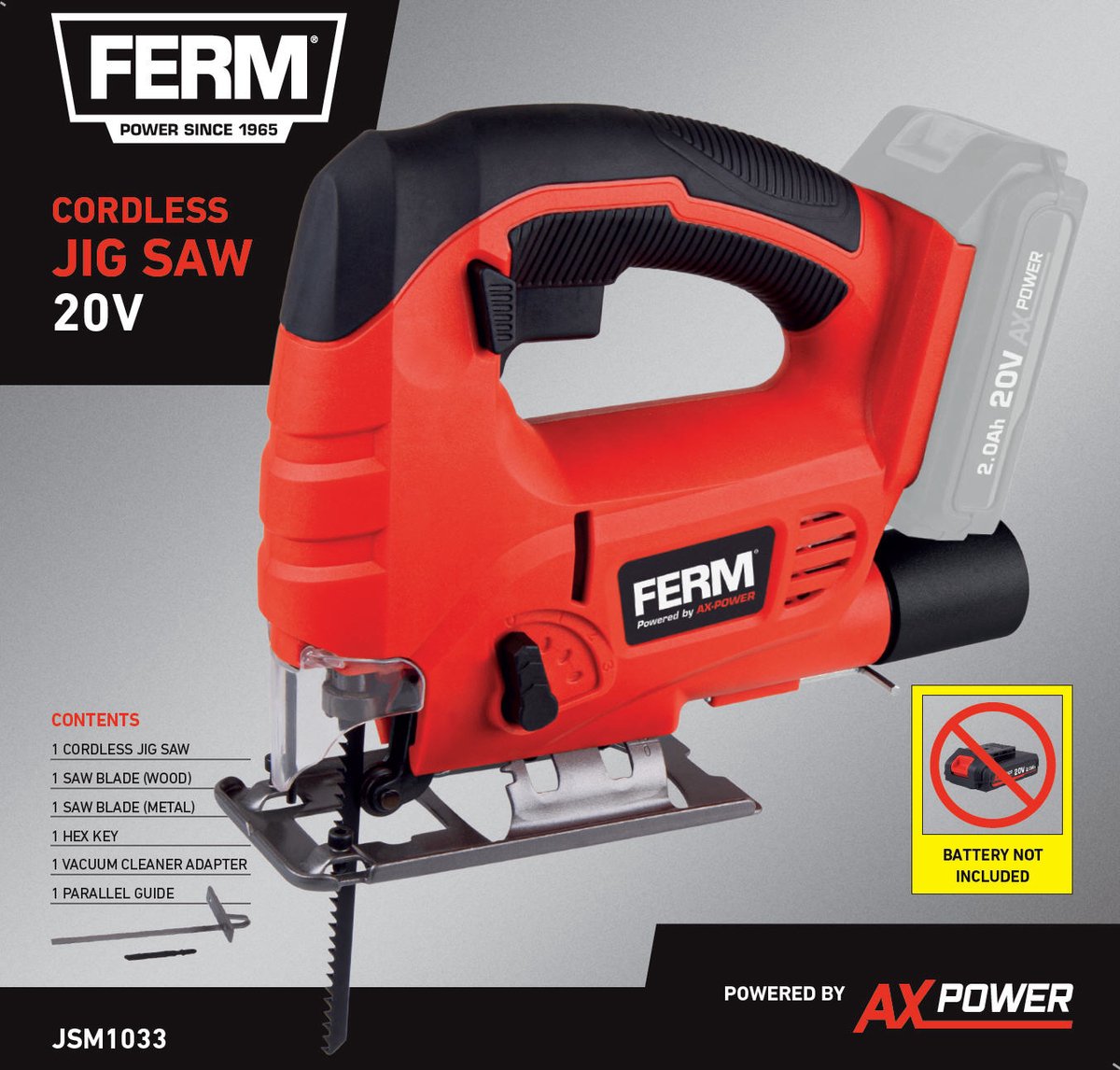 FERM AX-POWER JSM1033 20V accu decoupeerzaag zonder accu en lader