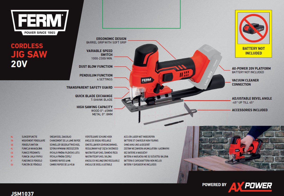 FERM AX-POWER JSM1037 Accu decoupeerzaag 20V