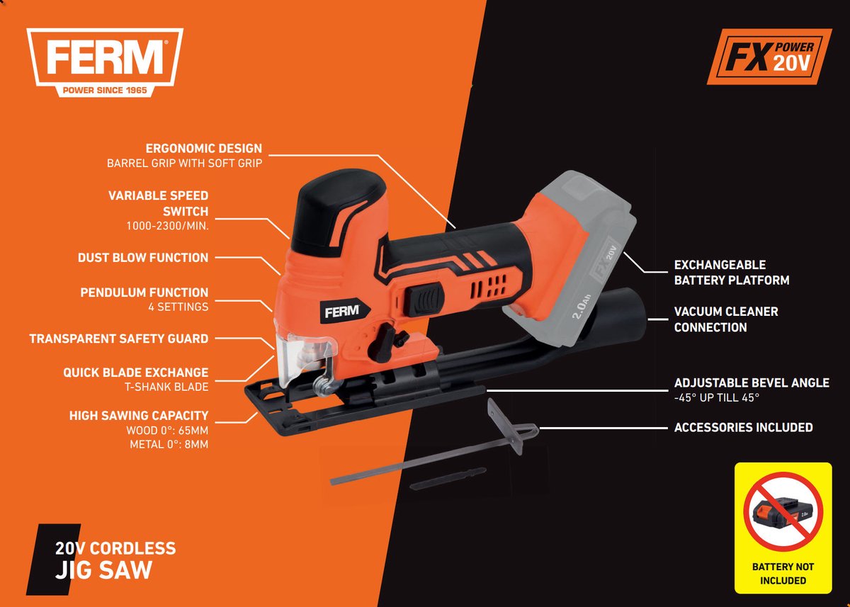 FERM AX-POWER JSM1040 draadloze decoupeerzaag zonder accu en lader