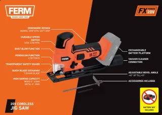 FERM AX-POWER JSM1040 draadloze decoupeerzaag zonder accu en lader