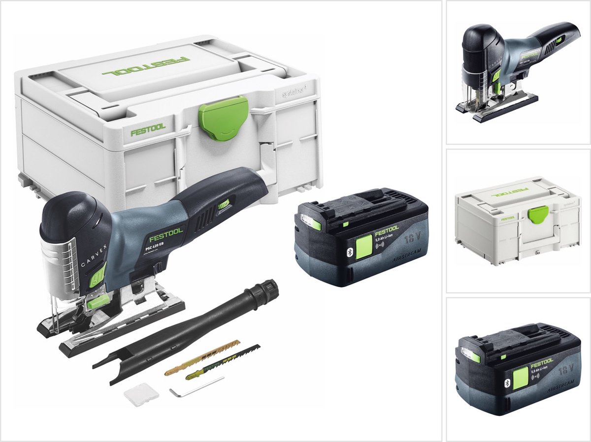 De Festool CARVEX PSC 420-Basic accu-pendeldecoupeerzaag 18V 120 mm + accu 5.0 Ah + Systainer in één oogopslag