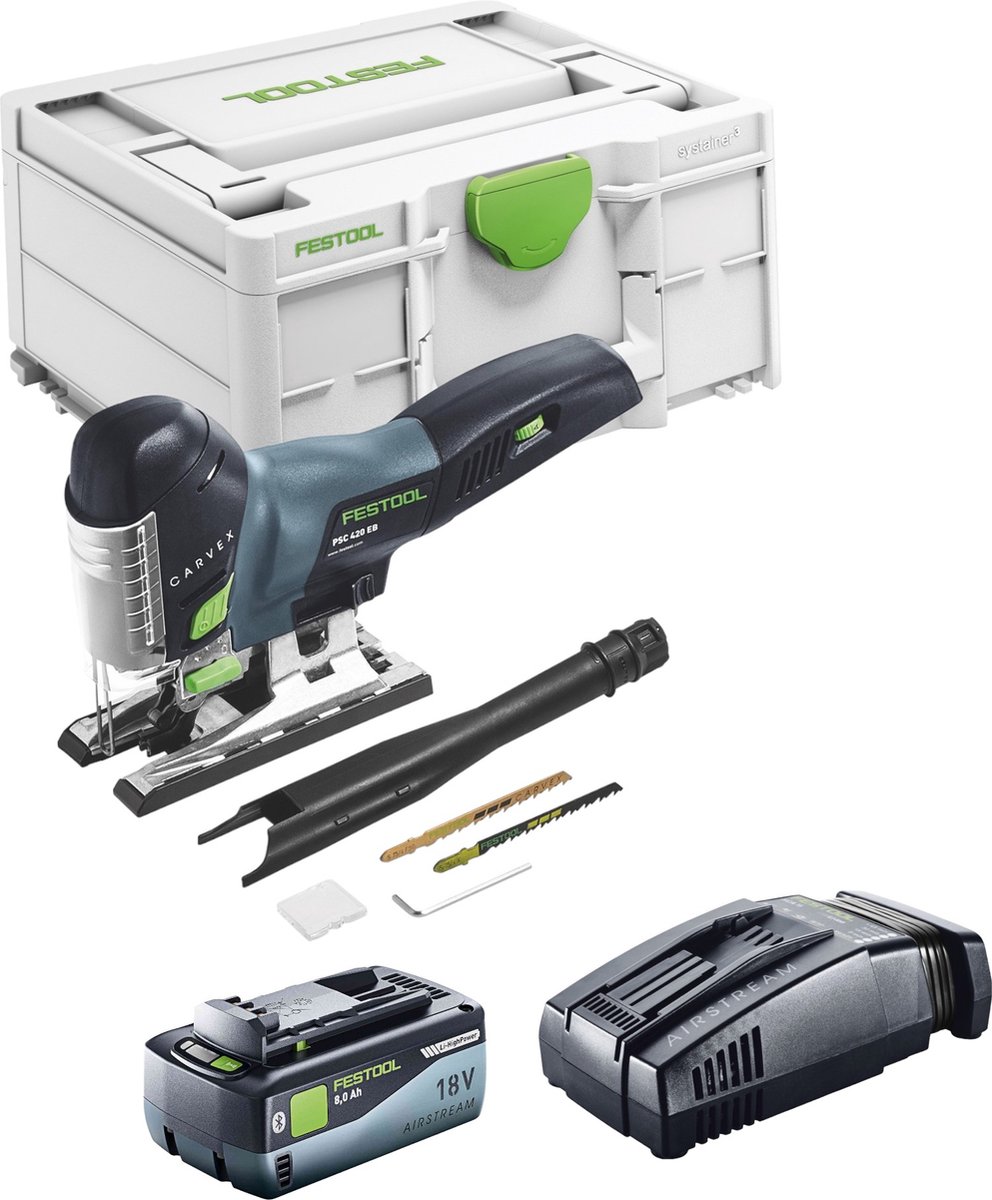 De Festool CARVEX PSC 420 Basic Accu-pendeldecoupeerzaag 18V 120mm + accu + lader + Systainer in één oogopslag