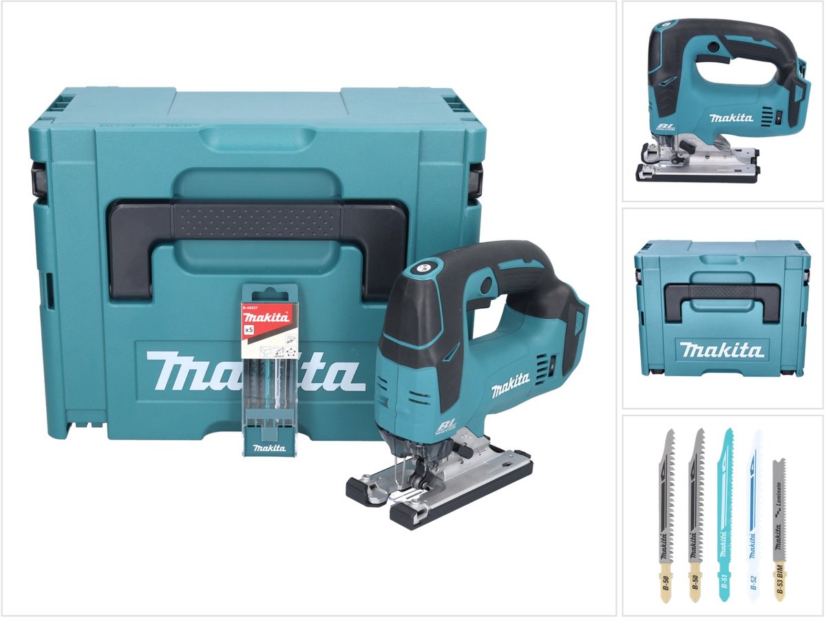 De Makita DJV182ZJ accu-decoupeerzaag 18V borstelloos met set en Makpac zonder accu en oplader in één oogopslag