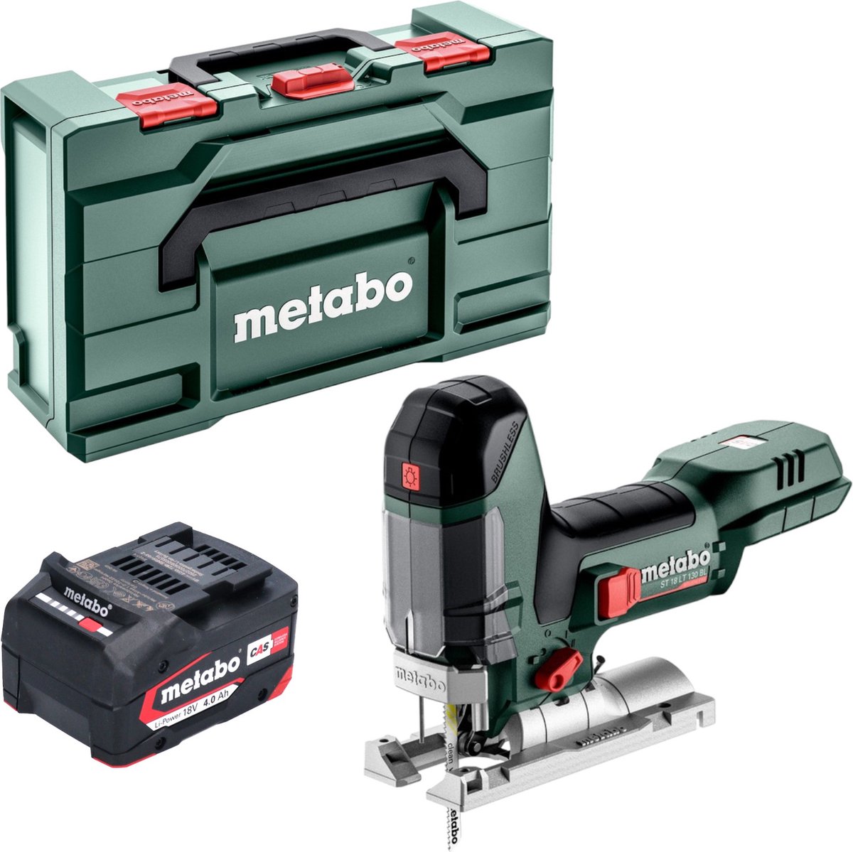 De Metabo ST 18 LT 130 BL accudecoupeerzaag 18V 130mm + accu 4.0Ah + metabox in één oogopslag
