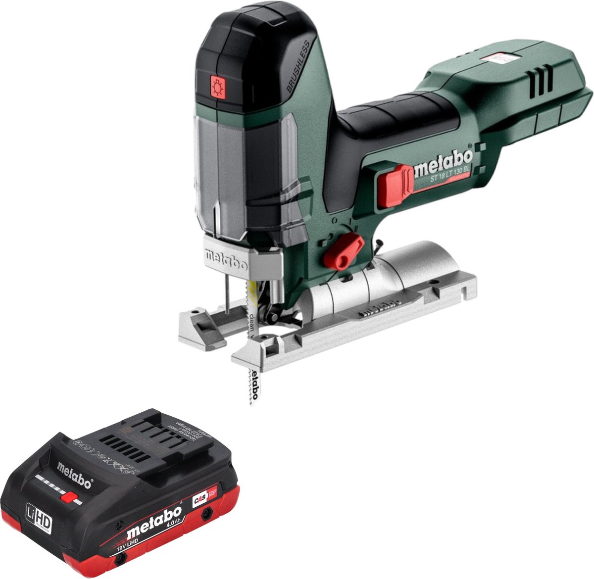 De Metabo ST 18 LT 130 BL accudecoupeerzaag 18V + accu 4.0 Ah in één oogopslag