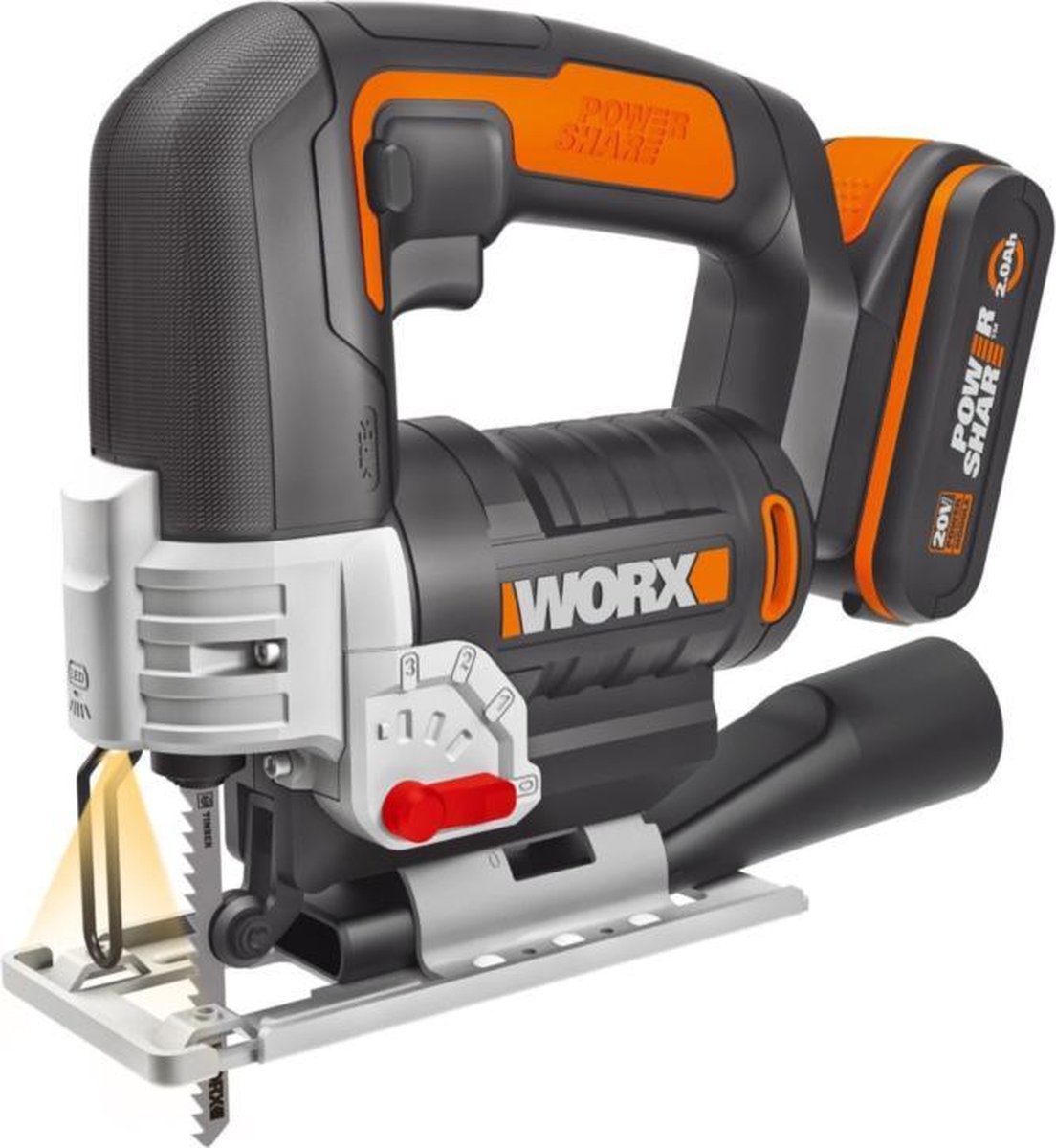 De Worx WX543.9 accu-decoupeerzaag 20V in één oogopslag