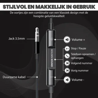 Golden Sound bedrade oordopjes - Oordopjes met draad en microfoon - Jack 3.5mm aansluiting - Zwart