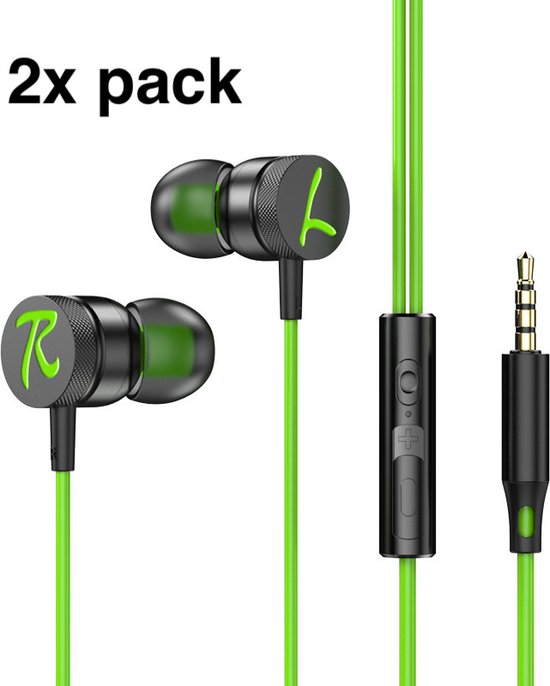 2x Bedrade In Ear Oordopjes Groen Met Microfoon 3,5mm Jack