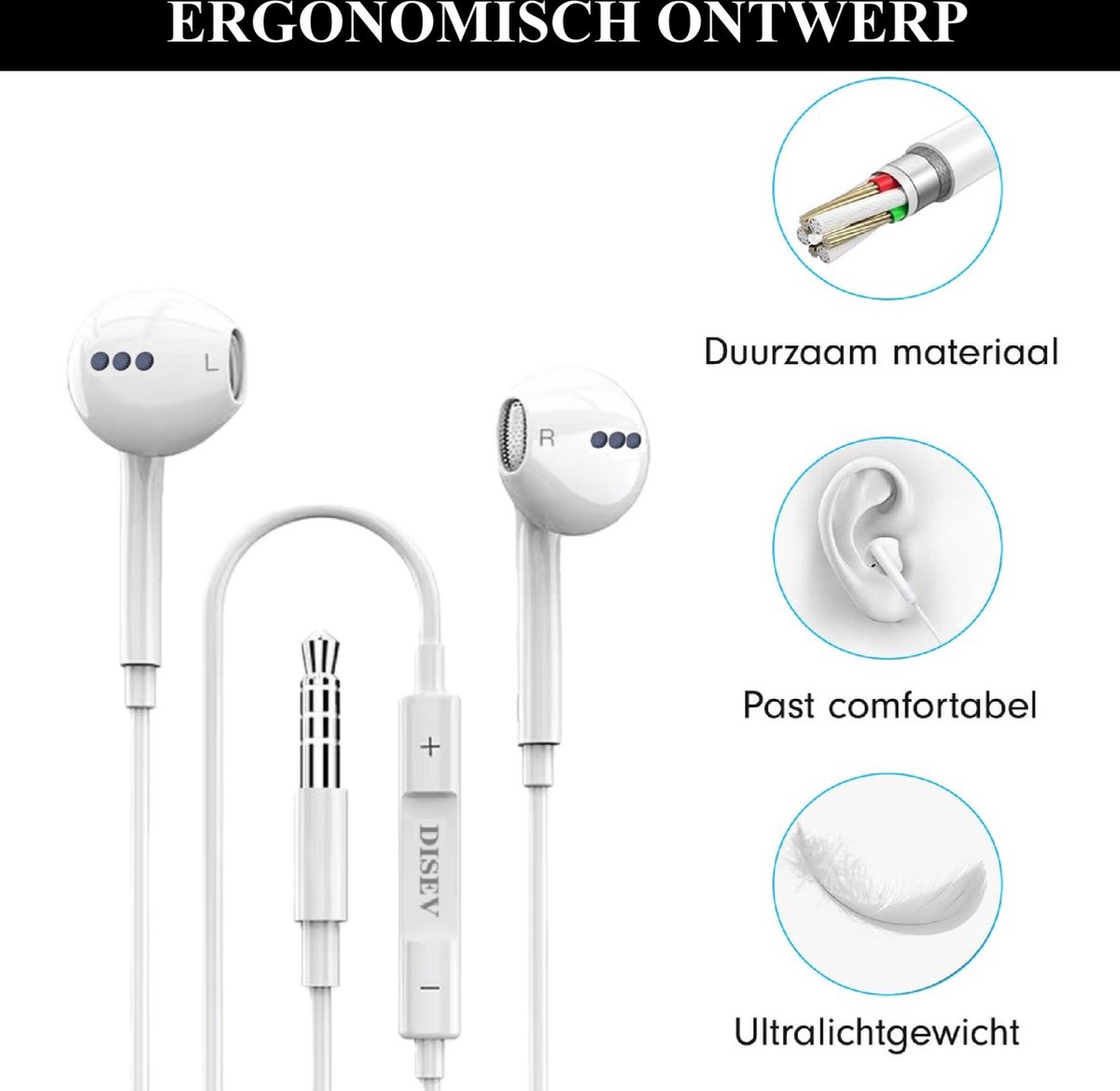 DISEV Oordopjes met Draad 3.5mm Jack Wit