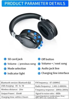 DrPhone WH1 Bluetooth Koptelefoon Zwart