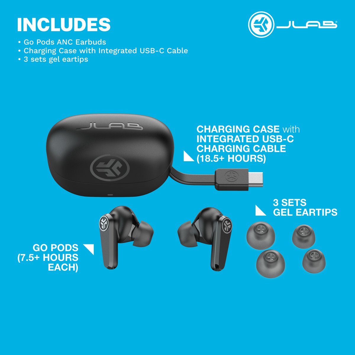 JLAB Go Pods ANC Draadloze Oordopjes Zwart