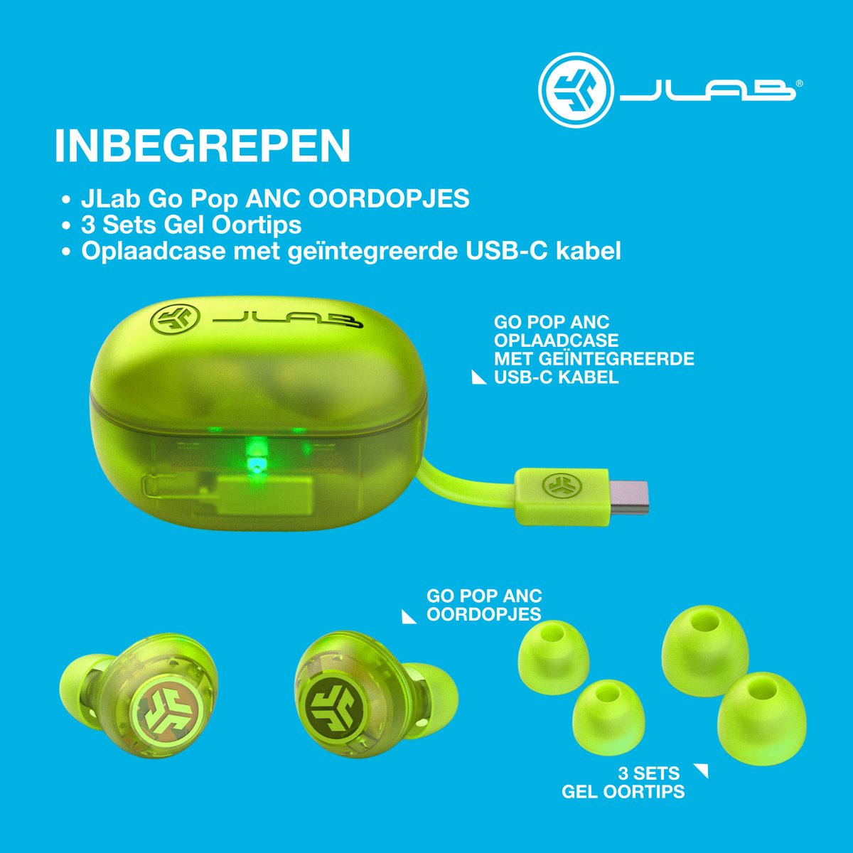JLAB Go POP ANC Draadloze Oordopjes Clear Neon Green