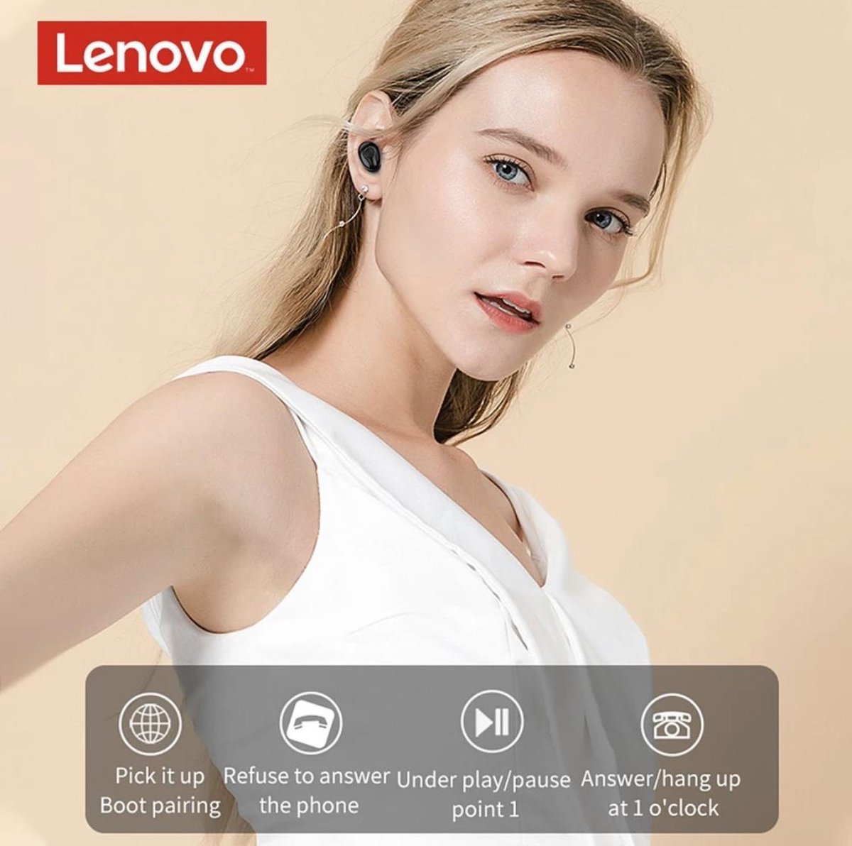 Lenovo HT18 Draadloze TWS Bluetooth Headset Wit