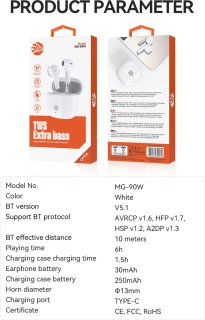 MG 90W Draadloze Oordopjes Wit