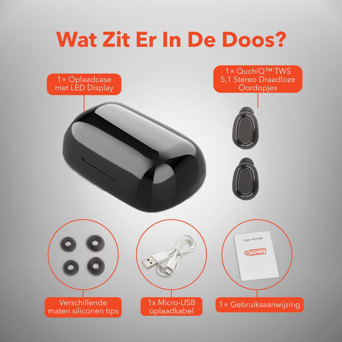 QuchiQ Volledig Draadloze In-ear Oordopjes Zwart