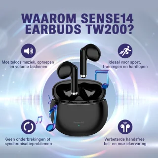 Sense14 TW200 Draadloze Noise Cancelling Oordopjes Zwart