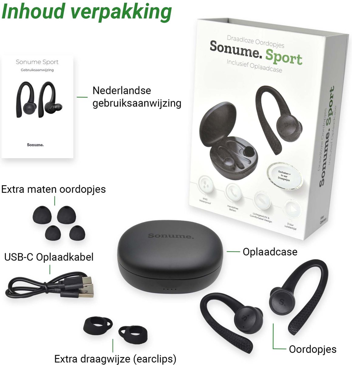 Sonume Sport Volledig Draadloze Bluetooth Oordopjes Zwart