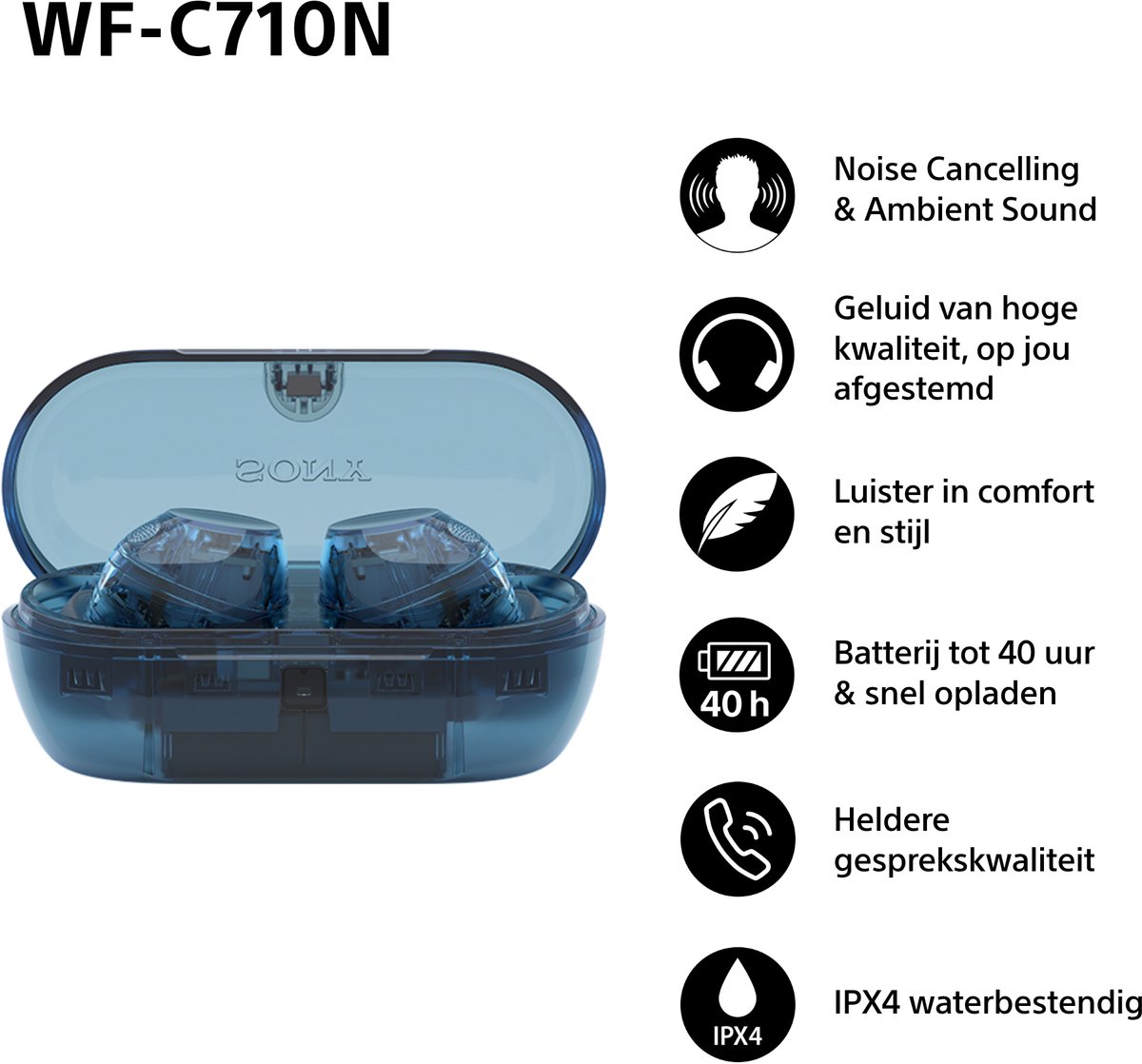 Wat vinden we goed aan de Sony WF-C710N Draadloze Oordopjes Transparant Blauw