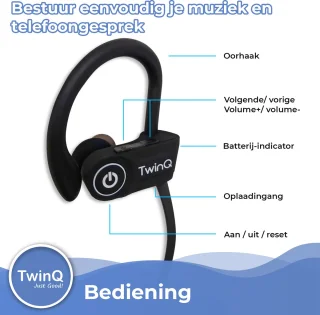 TwinQ Draadloze Bluetooth In-ear Sport Oordopjes Zwart
