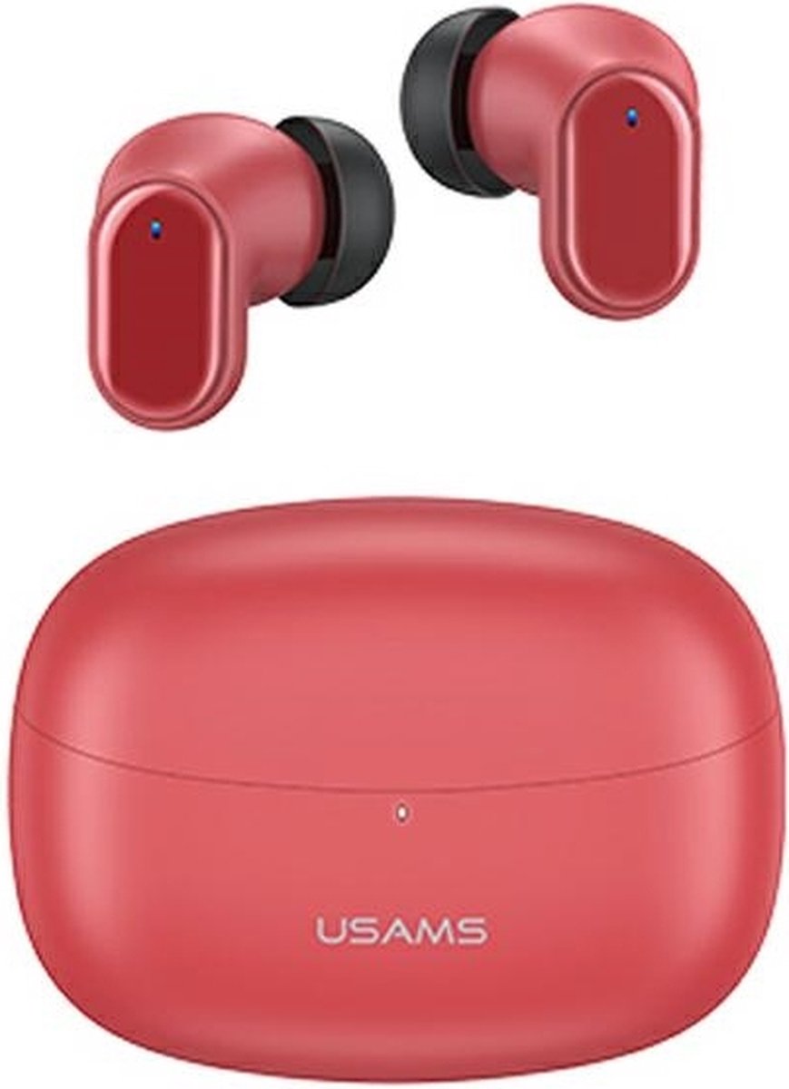 De USAMS BHUBH03 Bluetooth 5.1 TWS draadloze hoofdtelefoon rood in één oogopslag