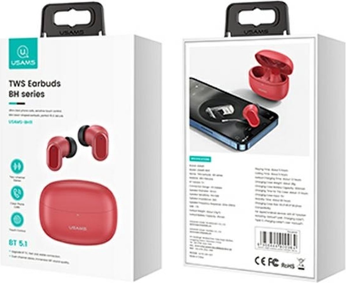 Wat vinden we goed aan de USAMS BHUBH03 Bluetooth 5.1 TWS draadloze hoofdtelefoon rood