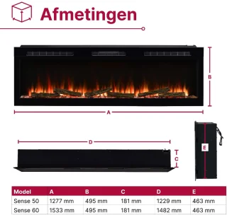 Dimplex Sense 50 Elektrische Sfeerhaard 127 cm – Inbouw & Wandhaard voor Cinewall – LED Optiflame Vlammen – Met Verwarming, Afstandsbediening & App-bediening – Zwarte Designhaard